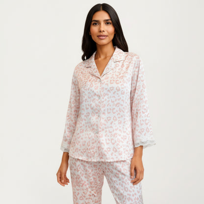 Anna-Kaci Lounge Women's 2-Piece Set Leopard Print Button Front Pajama Top with Lace Trim Sleeves and Matching Relaxed Fit Pants