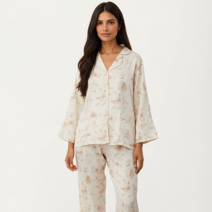 Anna-Kaci Lounge Women's 2-Piece Set Floral Print Button Front Pajama Top with Wide Cuff Sleeves and Matching Relaxed Fit Pants
