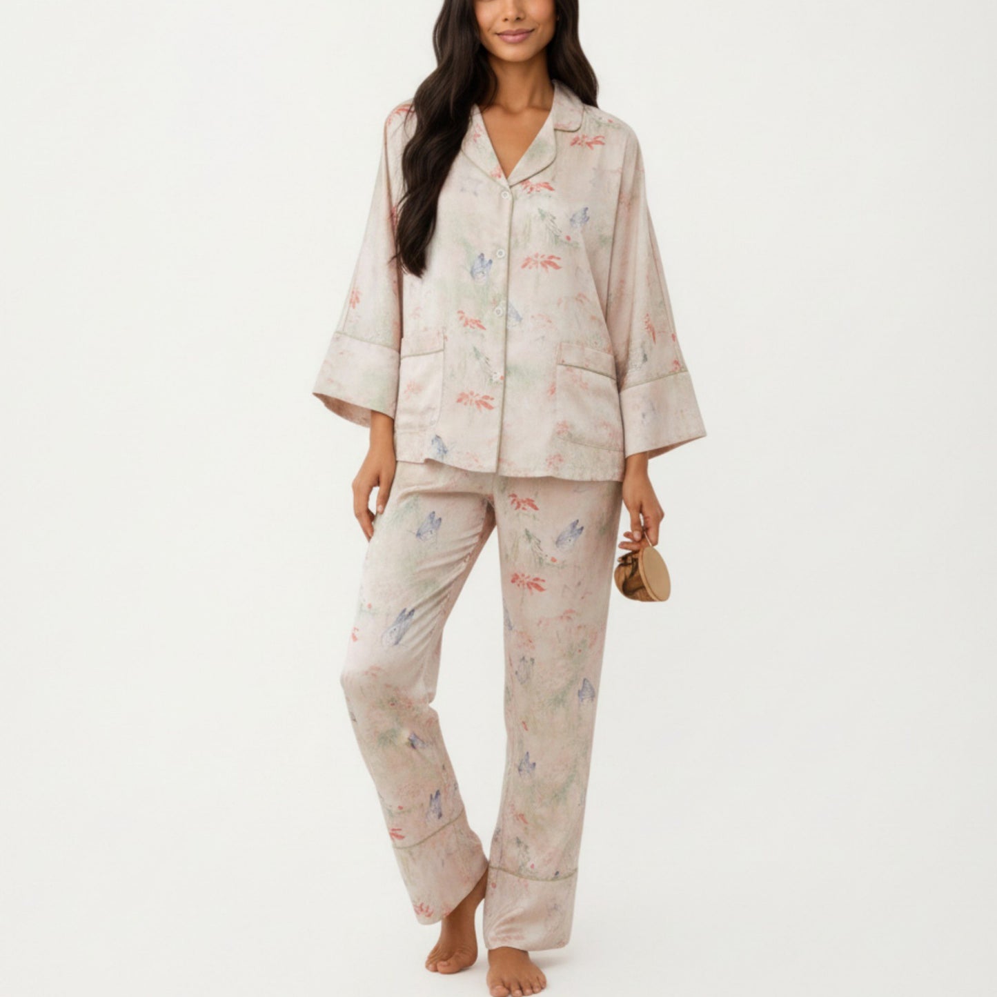 Anna-Kaci Lounge Women's 2-Piece Set Floral Print Button Front Pajama Top with Wide Cuff Sleeves and Matching Relaxed Fit Pants
