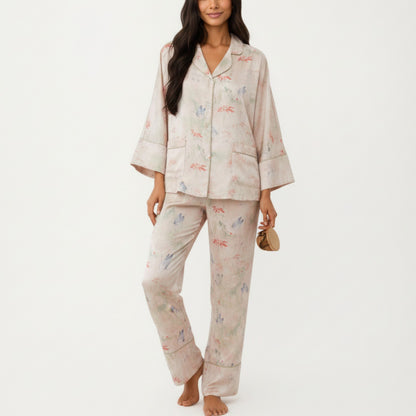 Anna-Kaci Lounge Women's 2-Piece Set Floral Print Button Front Pajama Top with Wide Cuff Sleeves and Matching Relaxed Fit Pants
