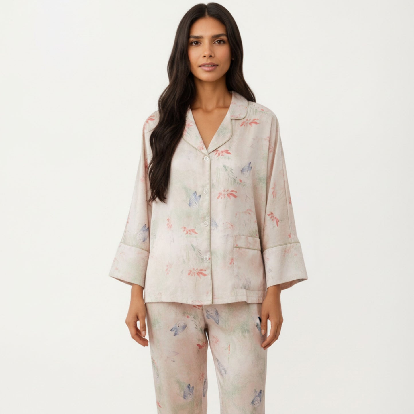 Anna-Kaci Lounge Women's 2-Piece Set Floral Print Button Front Pajama Top with Wide Cuff Sleeves and Matching Relaxed Fit Pants