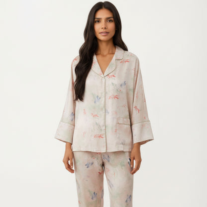 Anna-Kaci Lounge Women's 2-Piece Set Floral Print Button Front Pajama Top with Wide Cuff Sleeves and Matching Relaxed Fit Pants