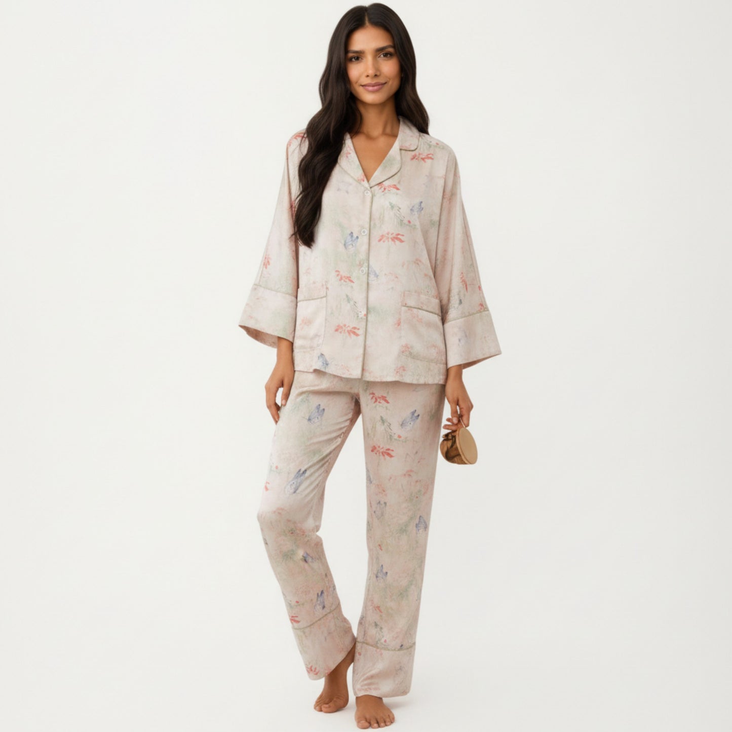 Anna-Kaci Lounge Women's 2-Piece Set Floral Print Button Front Pajama Top with Wide Cuff Sleeves and Matching Relaxed Fit Pants