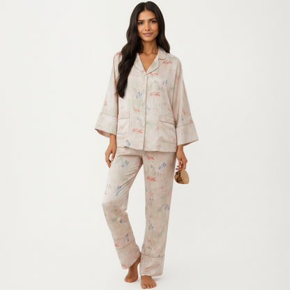 Anna-Kaci Lounge Women's 2-Piece Set Floral Print Button Front Pajama Top with Wide Cuff Sleeves and Matching Relaxed Fit Pants