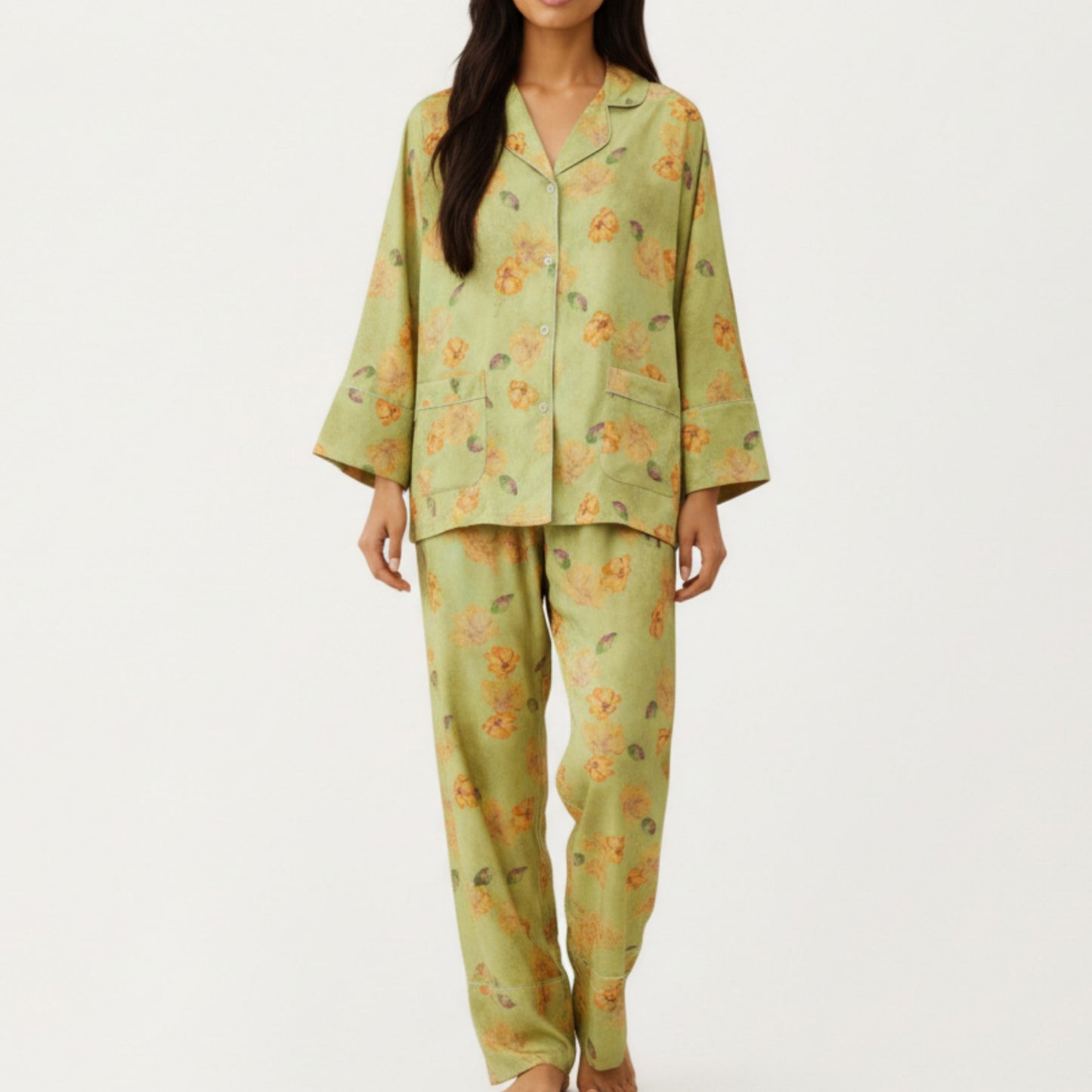 Anna-Kaci Lounge Women's 2-Piece Set Floral Print Button Front Pajama Top with Wide Cuff Sleeves and Matching Relaxed Fit Pants