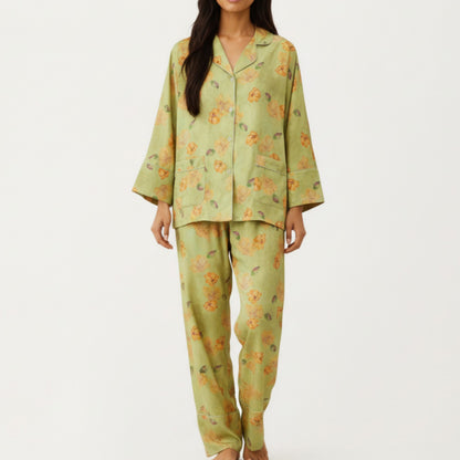 Anna-Kaci Lounge Women's 2-Piece Set Floral Print Button Front Pajama Top with Wide Cuff Sleeves and Matching Relaxed Fit Pants