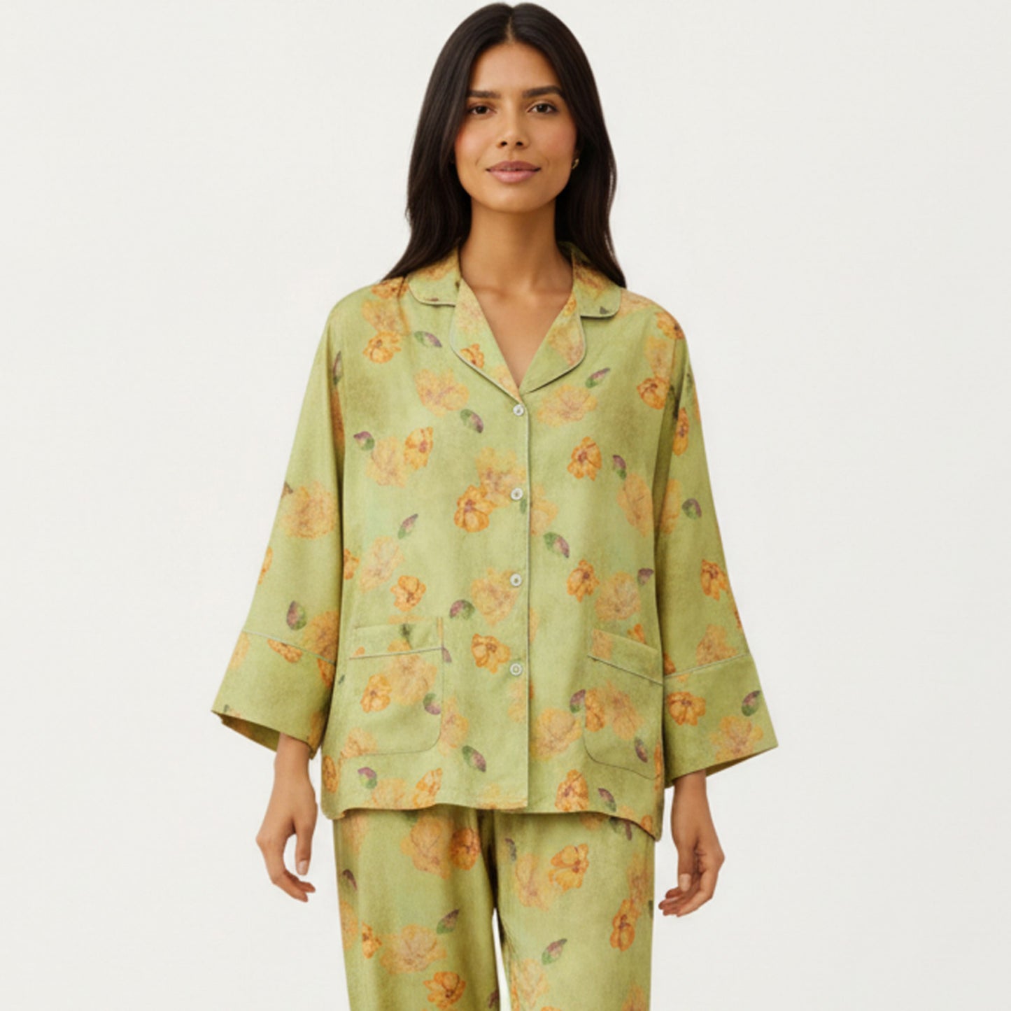 Anna-Kaci Lounge Women's 2-Piece Set Floral Print Button Front Pajama Top with Wide Cuff Sleeves and Matching Relaxed Fit Pants