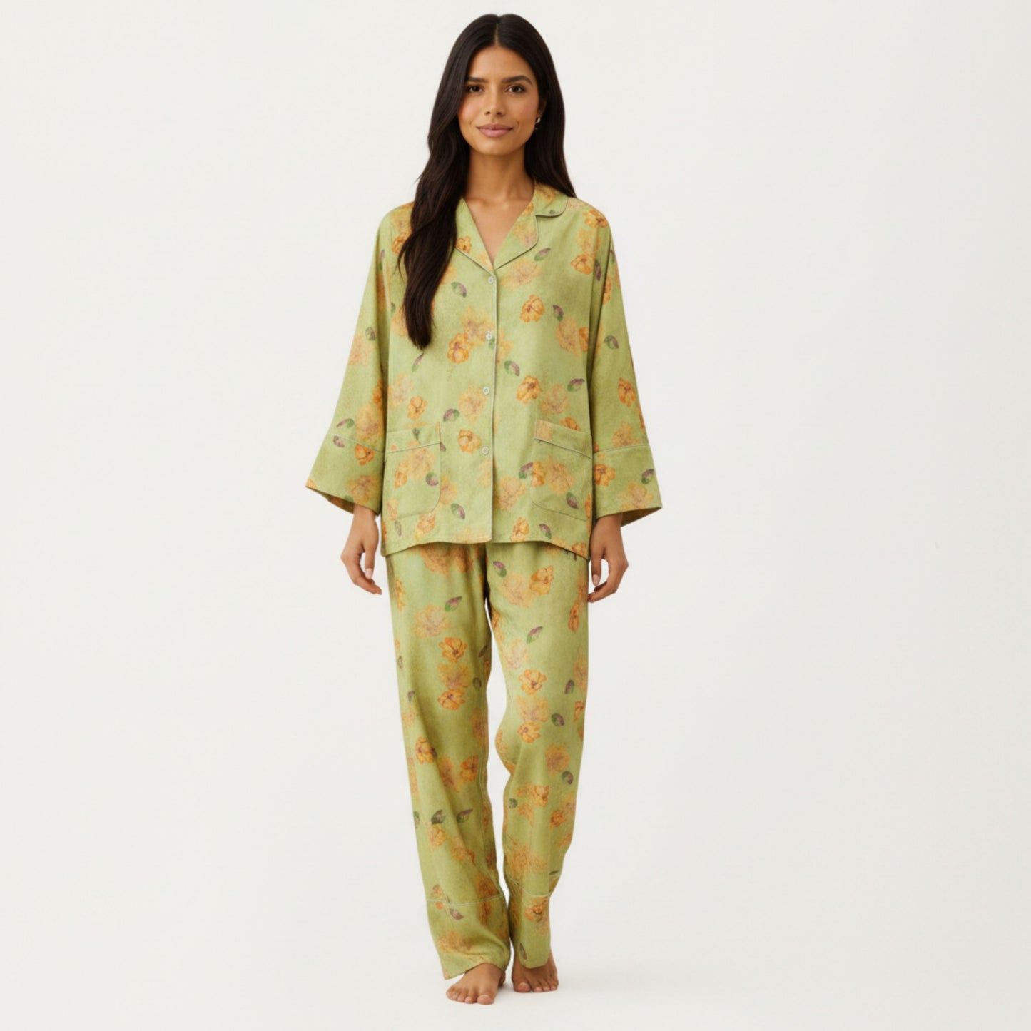 Anna-Kaci Lounge Women's 2-Piece Set Floral Print Button Front Pajama Top with Wide Cuff Sleeves and Matching Relaxed Fit Pants