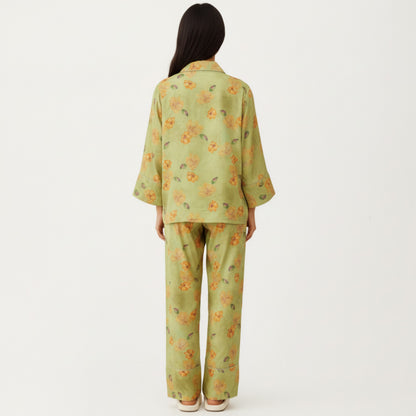 Anna-Kaci Lounge Women's 2-Piece Set Floral Print Button Front Pajama Top with Wide Cuff Sleeves and Matching Relaxed Fit Pants