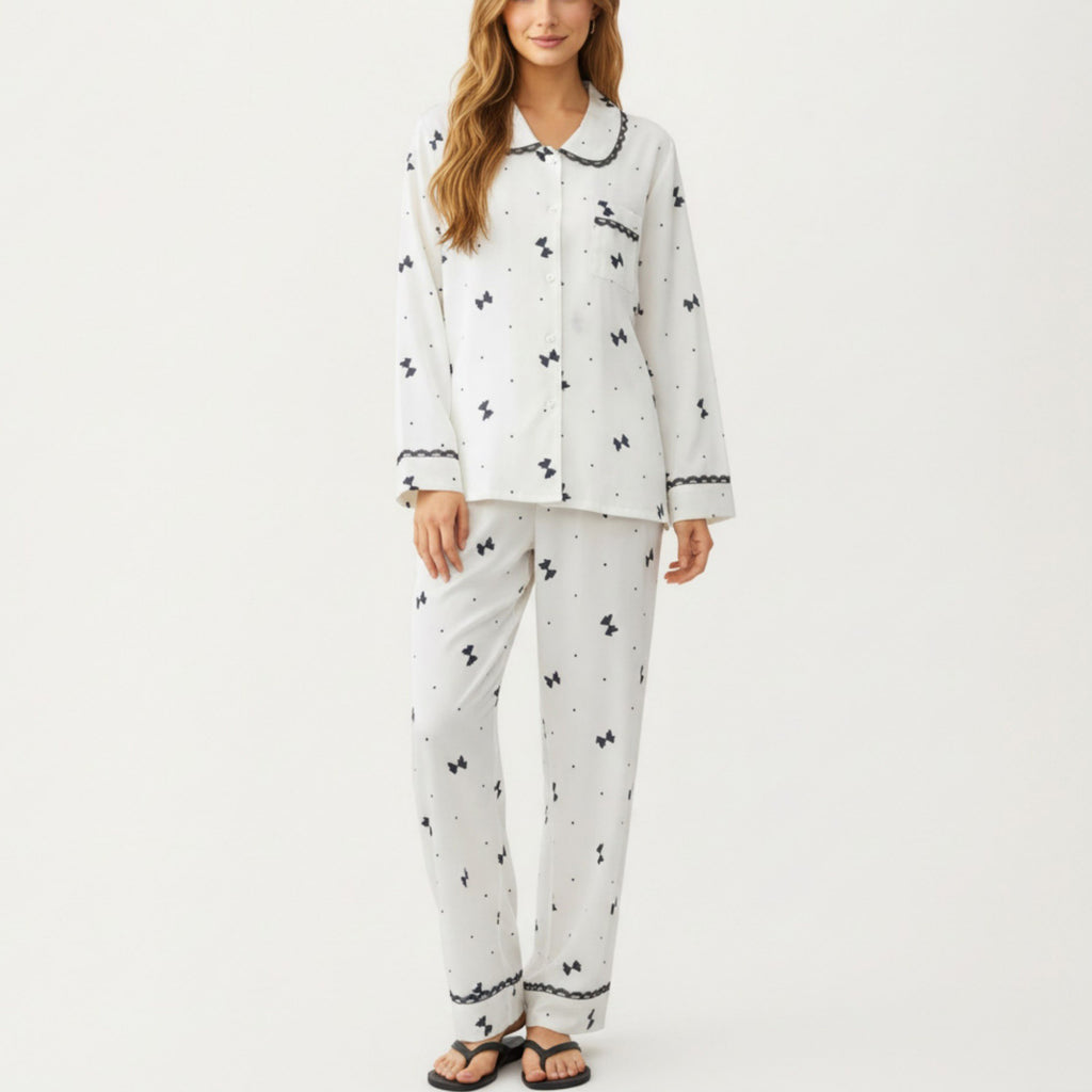 Anna-Kaci Lounge Women's 2-Piece Set Printed Button Front Pajama Top with Contrast Trim and Matching Relaxed Fit Elastic Waist Pants