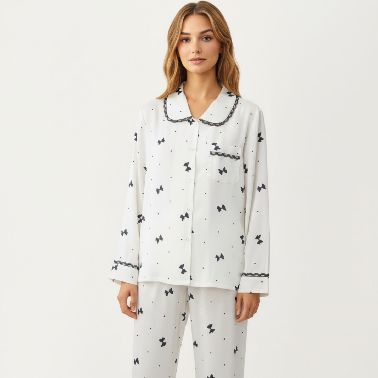 Anna-Kaci Lounge Women's 2-Piece Set Printed Button Front Pajama Top with Contrast Trim and Matching Relaxed Fit Elastic Waist Pants