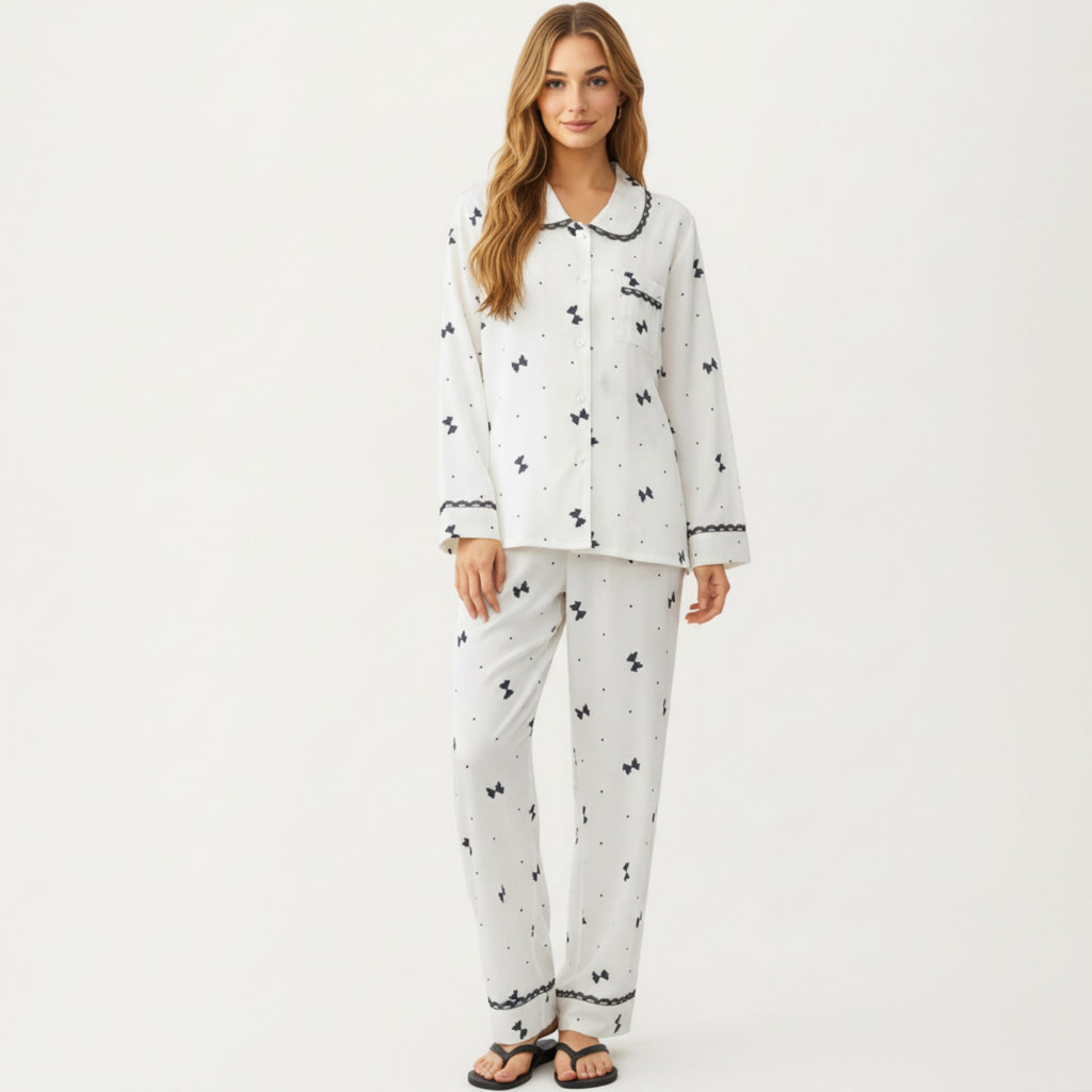 Anna-Kaci Lounge Women's 2-Piece Set Printed Button Front Pajama Top with Contrast Trim and Matching Relaxed Fit Elastic Waist Pants