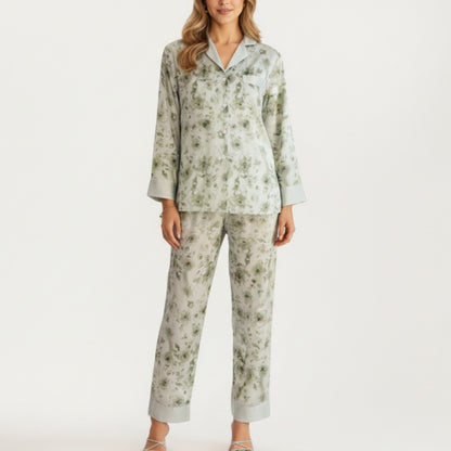 Anna-Kaci Lounge Women's 2-Piece Set Floral Satin Button Front Pajama Top with Contrast Cuffs and Matching Relaxed Fit Lounge Pants