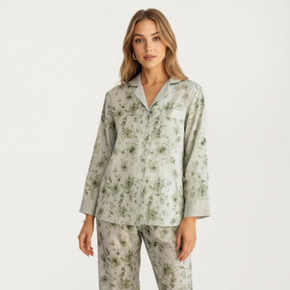 Anna-Kaci Lounge Women's 2-Piece Set Floral Satin Button Front Pajama Top with Contrast Cuffs and Matching Relaxed Fit Lounge Pants