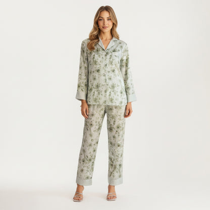 Anna-Kaci Lounge Women's 2-Piece Set Floral Satin Button Front Pajama Top with Contrast Cuffs and Matching Relaxed Fit Lounge Pants