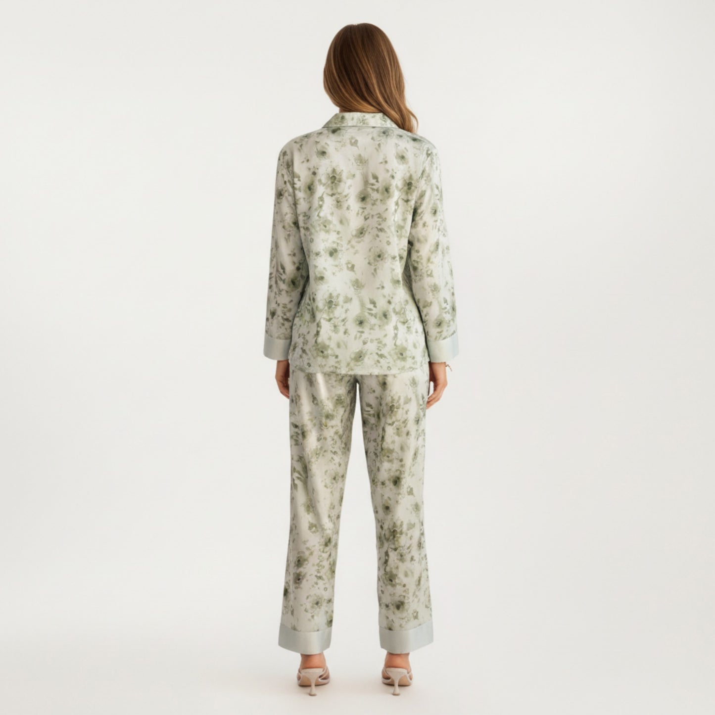 Anna-Kaci Lounge Women's 2-Piece Set Floral Satin Button Front Pajama Top with Contrast Cuffs and Matching Relaxed Fit Lounge Pants