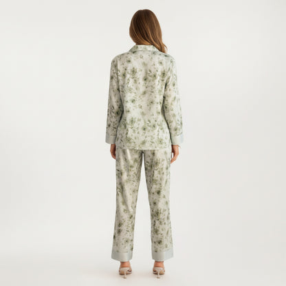 Anna-Kaci Lounge Women's 2-Piece Set Floral Satin Button Front Pajama Top with Contrast Cuffs and Matching Relaxed Fit Lounge Pants