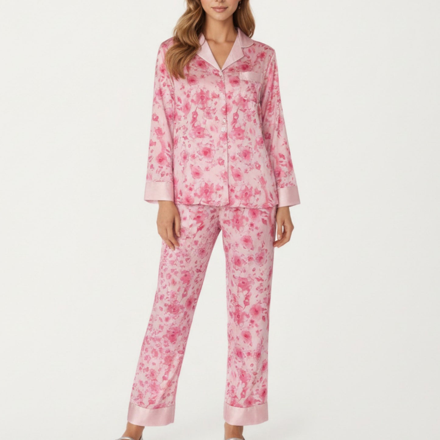 Anna-Kaci Lounge Women's 2-Piece Set Floral Satin Button Front Pajama Top with Contrast Cuffs and Matching Relaxed Fit Lounge Pants