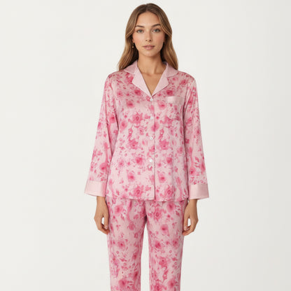 Anna-Kaci Lounge Women's 2-Piece Set Floral Satin Button Front Pajama Top with Contrast Cuffs and Matching Relaxed Fit Lounge Pants