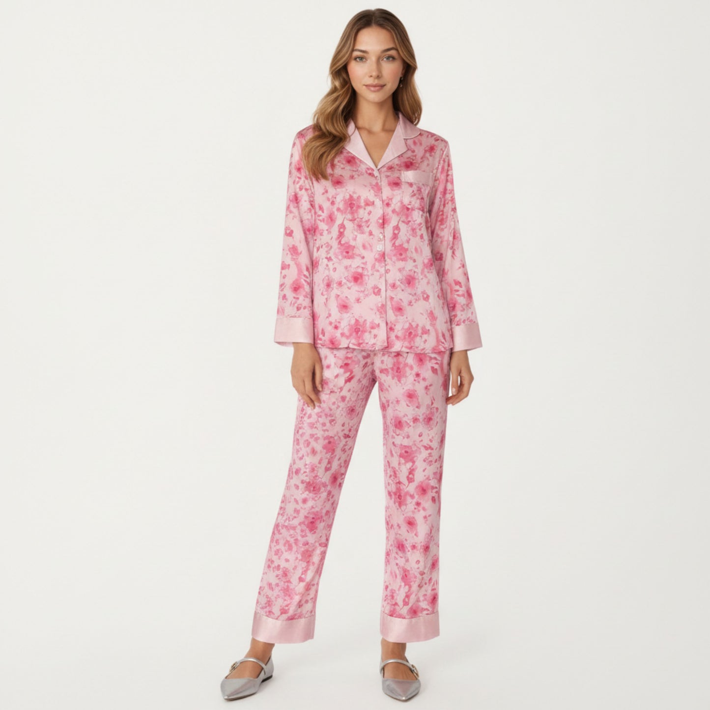 Anna-Kaci Lounge Women's 2-Piece Set Floral Satin Button Front Pajama Top with Contrast Cuffs and Matching Relaxed Fit Lounge Pants