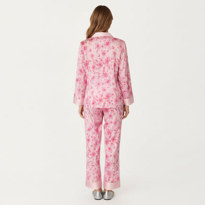 Anna-Kaci Lounge Women's 2-Piece Set Floral Satin Button Front Pajama Top with Contrast Cuffs and Matching Relaxed Fit Lounge Pants