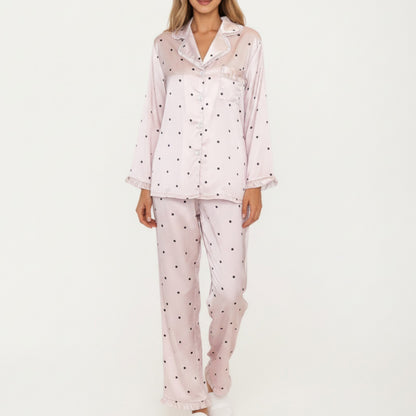 Anna-Kaci Lounge Women's 2-Piece Set Polka Dot Satin Button Front Pajama Top with Ruffle Trim and Matching Relaxed Fit Lounge Pants