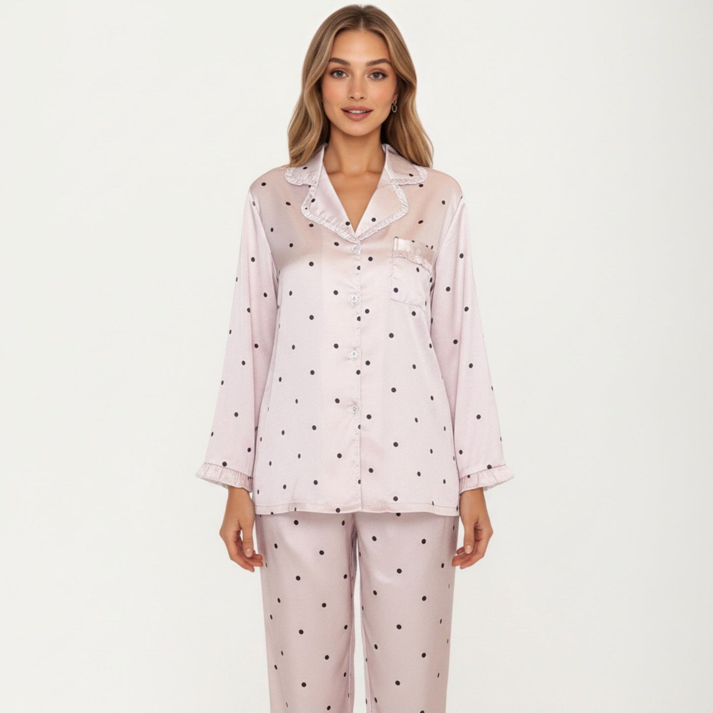 Anna-Kaci Lounge Women's 2-Piece Set Polka Dot Satin Button Front Pajama Top with Ruffle Trim and Matching Relaxed Fit Lounge Pants