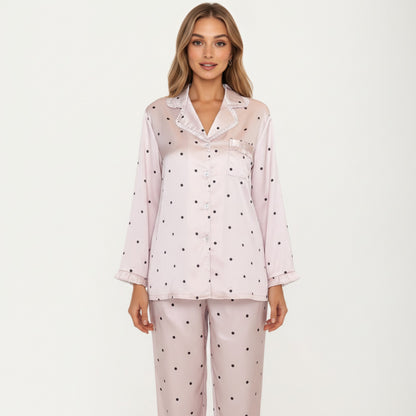 Anna-Kaci Lounge Women's 2-Piece Set Polka Dot Satin Button Front Pajama Top with Ruffle Trim and Matching Relaxed Fit Lounge Pants