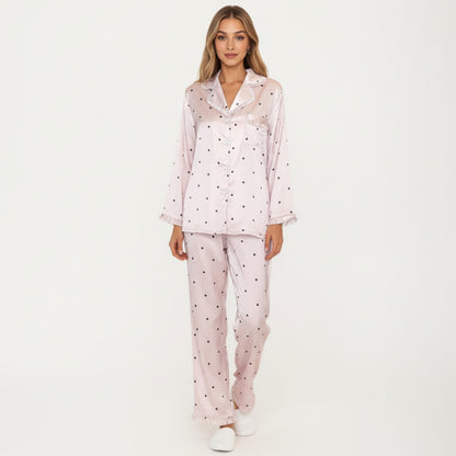 Anna-Kaci Lounge Women's 2-Piece Set Polka Dot Satin Button Front Pajama Top with Ruffle Trim and Matching Relaxed Fit Lounge Pants
