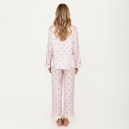Anna-Kaci Lounge Women's 2-Piece Set Polka Dot Satin Button Front Pajama Top with Ruffle Trim and Matching Relaxed Fit Lounge Pants