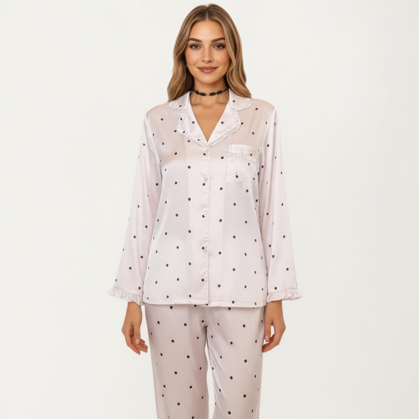 Anna-Kaci Lounge Women's 2-Piece Set Polka Dot Satin Button Front Pajama Top with Ruffle Trim and Matching Relaxed Fit Lounge Pants