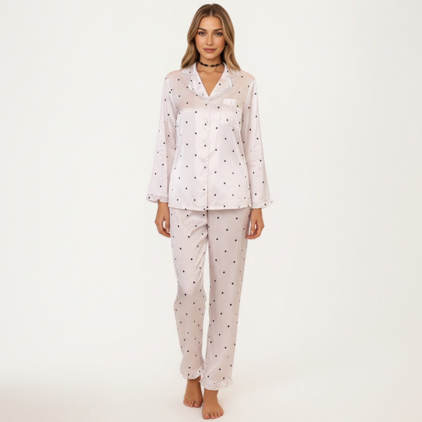 Anna-Kaci Lounge Women's 2-Piece Set Polka Dot Satin Button Front Pajama Top with Ruffle Trim and Matching Relaxed Fit Lounge Pants