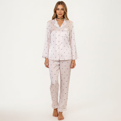 Anna-Kaci Lounge Women's 2-Piece Set Polka Dot Satin Button Front Pajama Top with Ruffle Trim and Matching Relaxed Fit Lounge Pants