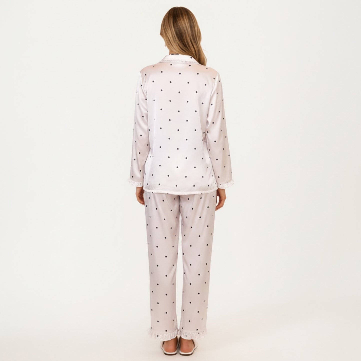 Anna-Kaci Lounge Women's 2-Piece Set Polka Dot Satin Button Front Pajama Top with Ruffle Trim and Matching Relaxed Fit Lounge Pants