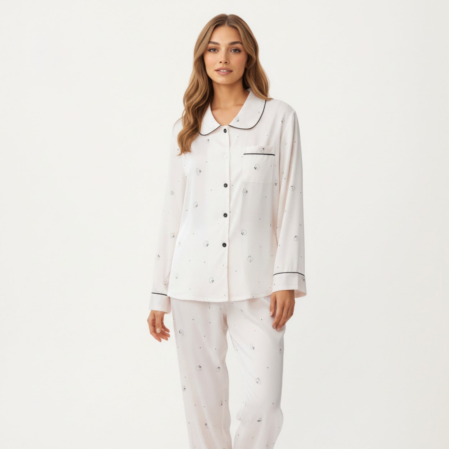 Anna-Kaci Lounge Women's 2-Piece Set Printed Button Front Pajama Top with Contrast Piping and Matching Relaxed Fit Lounge Pants