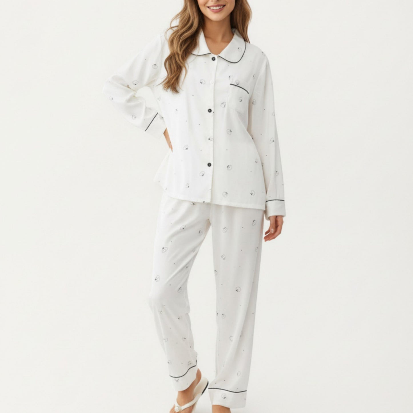 Anna-Kaci Lounge Women's 2-Piece Set Printed Button Front Pajama Top with Contrast Piping and Matching Relaxed Fit Lounge Pants