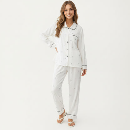 Anna-Kaci Lounge Women's 2-Piece Set Printed Button Front Pajama Top with Contrast Piping and Matching Relaxed Fit Lounge Pants