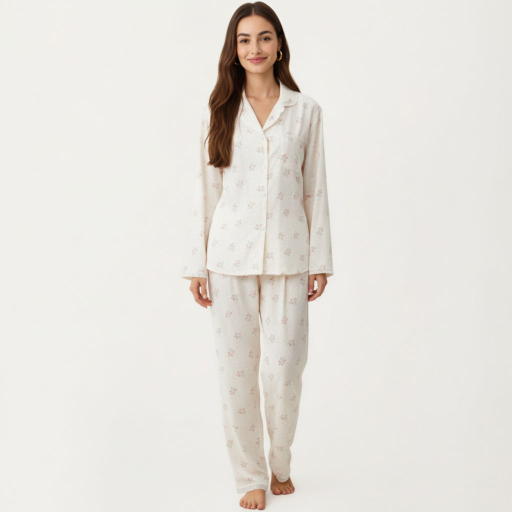 Anna-Kaci Lounge Women's 2-Piece Set Floral Print Pajama Top with Button Front and Trim Details Paired with Matching Pants