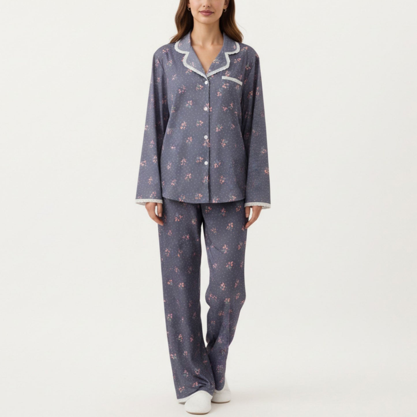 Anna-Kaci Lounge Women's 2-Piece Set Floral Print Pajama Top with Button Front and Trim Details Paired with Matching Pants
