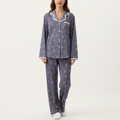 Anna-Kaci Lounge Women's 2-Piece Set Floral Print Pajama Top with Button Front and Trim Details Paired with Matching Pants