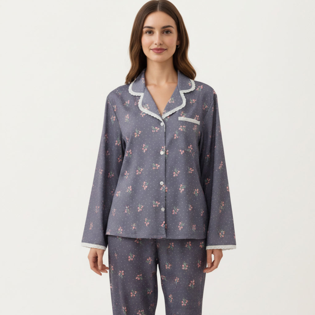 Anna-Kaci Lounge Women's 2-Piece Set Floral Print Pajama Top with Button Front and Trim Details Paired with Matching Pants