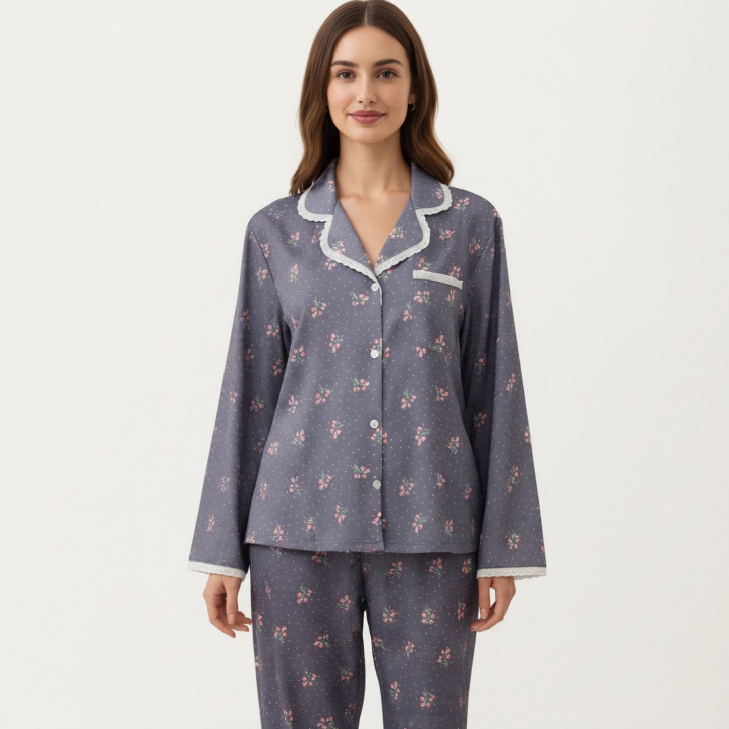 Anna-Kaci Lounge Women's 2-Piece Set Floral Print Pajama Top with Button Front and Trim Details Paired with Matching Pants