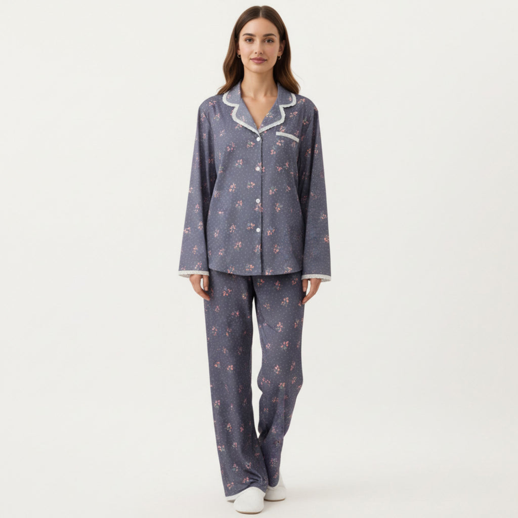 Anna-Kaci Lounge Women's 2-Piece Set Floral Print Pajama Top with Button Front and Trim Details Paired with Matching Pants