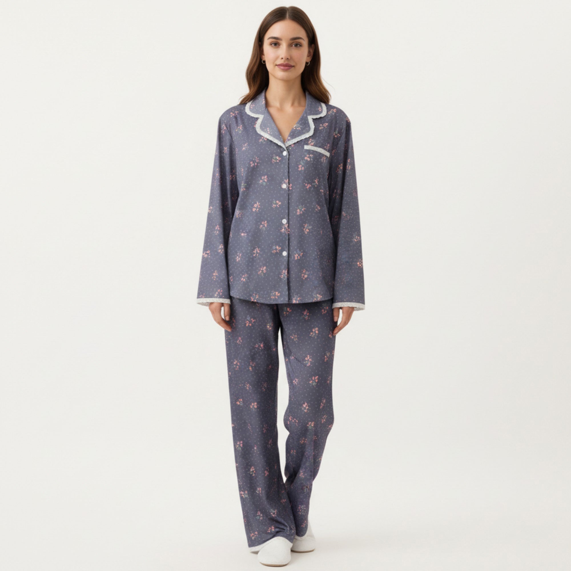 Anna-Kaci Lounge Women's 2-Piece Set Floral Print Pajama Top with Button Front and Trim Details Paired with Matching Pants