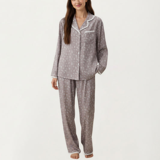 Anna-Kaci Lounge Women's 2-Piece Set Floral Print Pajama Top with Button Front and Trim Details Paired with Matching Pants