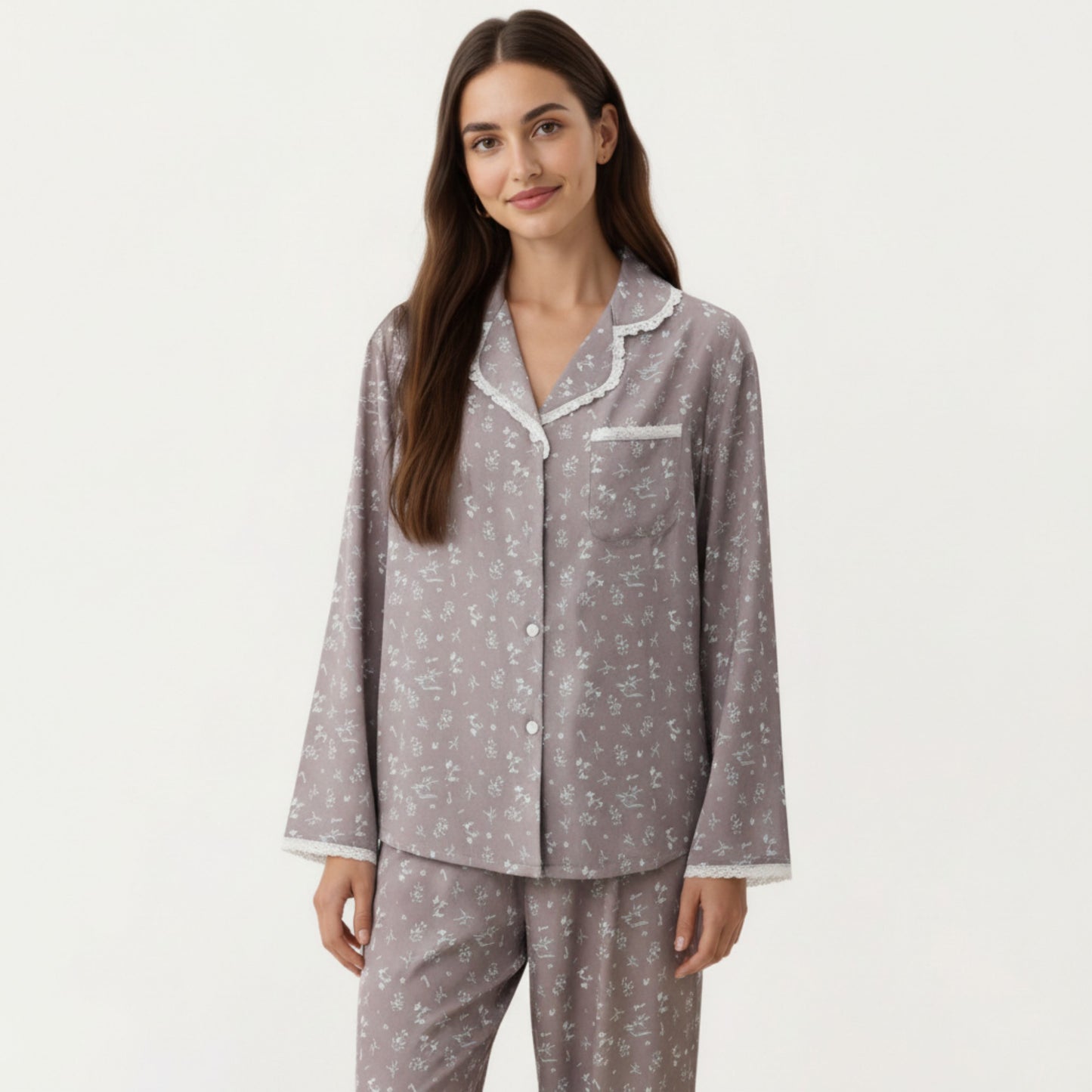 Anna-Kaci Lounge Women's 2-Piece Set Floral Print Pajama Top with Button Front and Trim Details Paired with Matching Pants