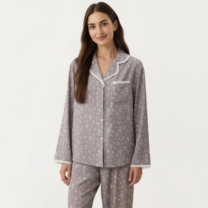 Anna-Kaci Lounge Women's 2-Piece Set Floral Print Pajama Top with Button Front and Trim Details Paired with Matching Pants