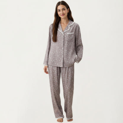 Anna-Kaci Lounge Women's 2-Piece Set Floral Print Pajama Top with Button Front and Trim Details Paired with Matching Pants