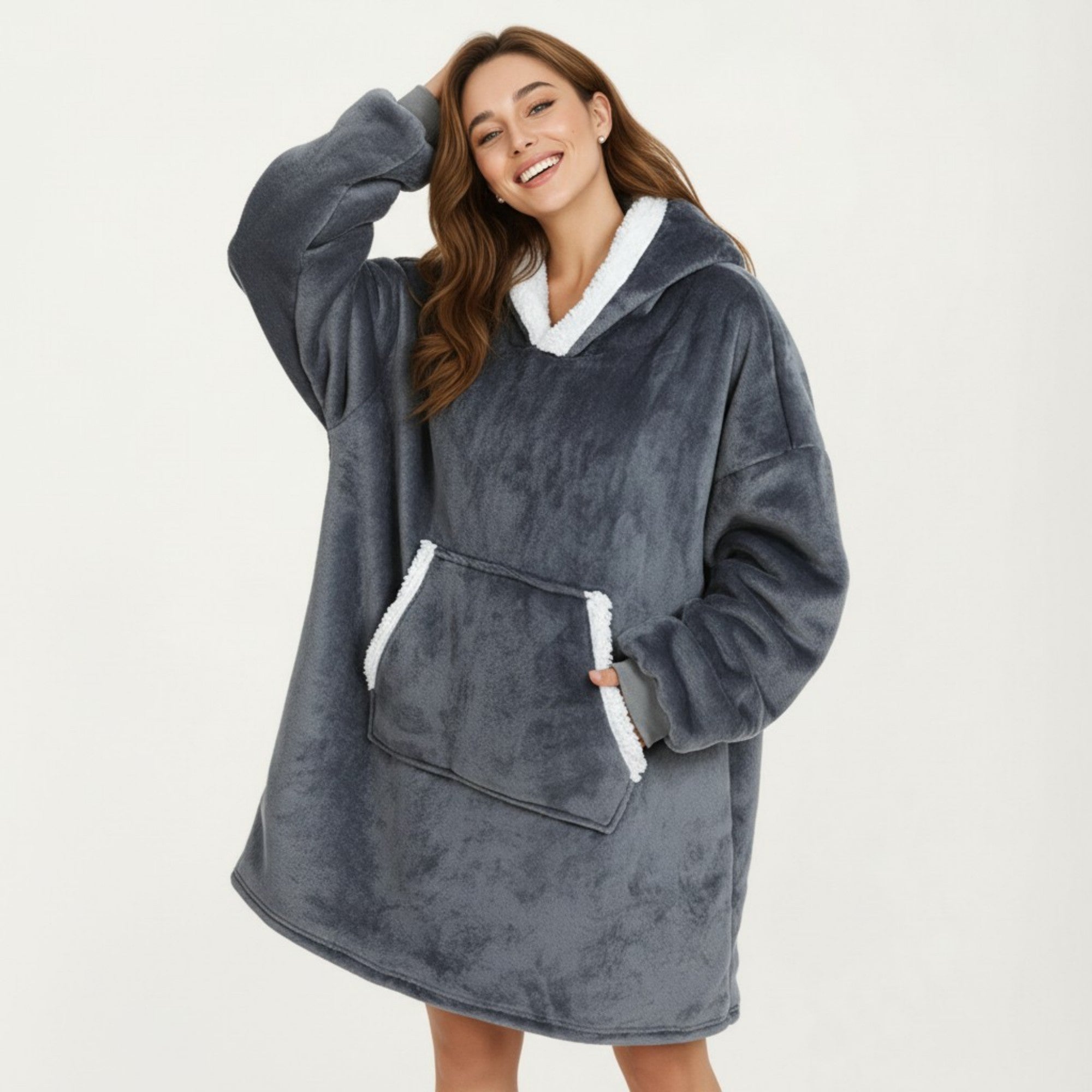 Anna-Kaci Women's Plush Hooded Lounge Dress with Faux Shearling Trim Long Sleeves and Front Kangaroo Pocket