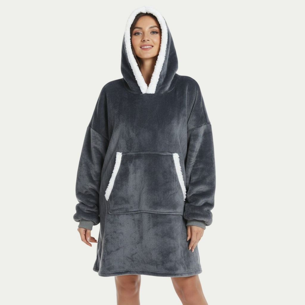 Anna-Kaci Women's Plush Hooded Lounge Dress with Faux Shearling Trim Long Sleeves and Front Kangaroo Pocket